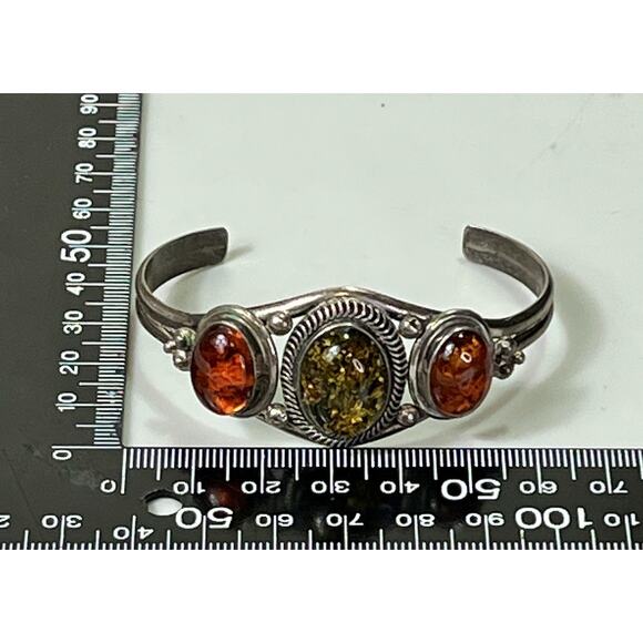 Signed Navajo Sterling Silver Amber Gemstone Cuff Bracelet 925 Native American - Picture 12 of 15
